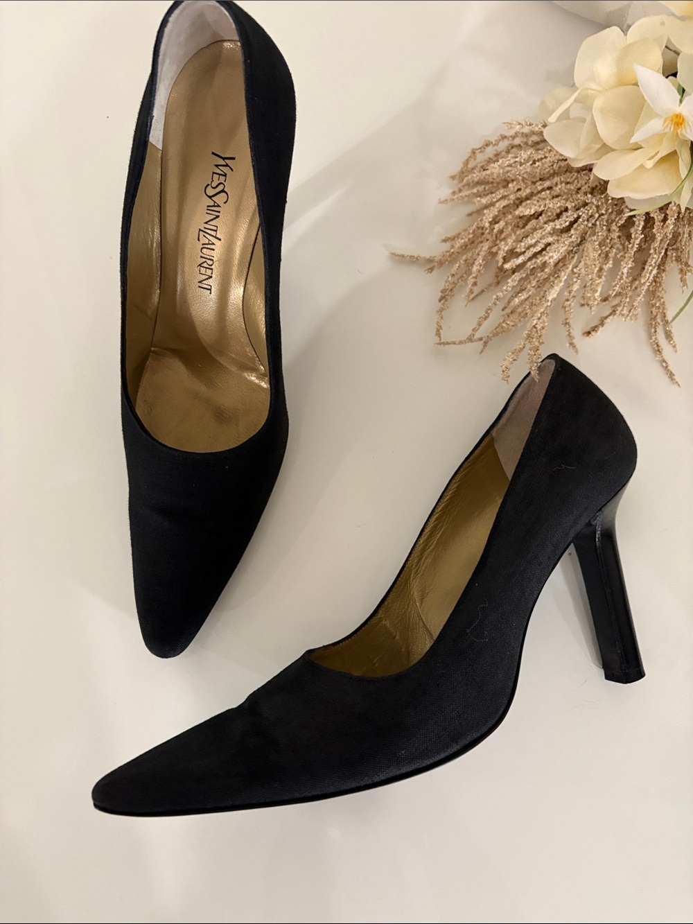 Saint Laurent Black Textile Fabric (Linen) Pointed Pump with Mid Heel - Picture 2 of 6